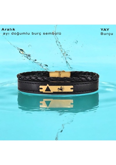 Yay Burçlarına 14 Ayar Altın Plakalı Üçgen Motifli Hakiki Siyah Derili Hediye Bileklik-390burç Yay
