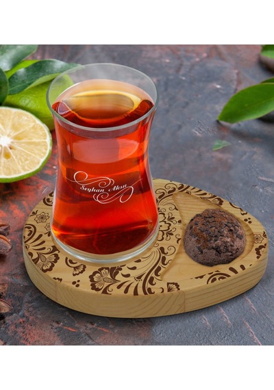 Kişiye Özel Retro Motif Tasarımlı Doğal Ahşap Tabaklı Heybeli Çay Bardağı Sunum Seti Model 3 Çok Renkli