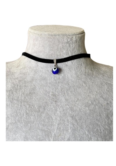 Kadife Nazar Boncuk Detaylı Choker Kolye Siyah - Mavi