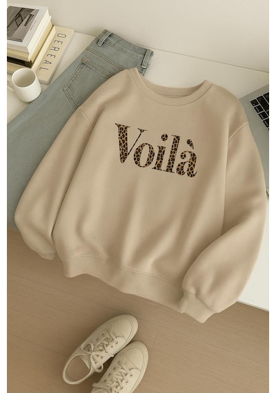 Benroma 3 İplik Penye Voila Baskılı Unisex Sweatshırt Bej