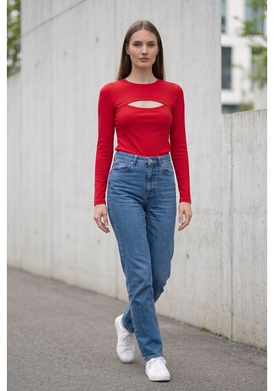 Kadın Kırmızı Cut Out Bluz Uzun Kollu Fit Kalıp Göğüs Dekolteli Modern Şık Üst Bluz