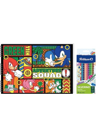 Sonic 25 35 15 Yp. Spiralli Resim Defteri - Pelikan Silverino Üçgen Kuru Boya Kalemi 2'li Set 3 Çok Renkli