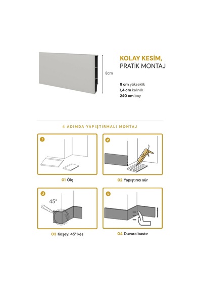 Vilo Sempla 704 Açık Gri Pvc Süpürgelik 240cm Kolay Montaj - Suya Ve Çizilmeye Dayanıklı