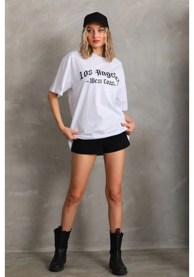 Assema Kadın Baskılı Tişort Kısa Kol Bisiklet Yaka Ovarsize T-shirt - Beyaz Çok Renkli