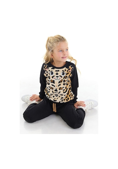 Denokids Peluş Leopar Kız Çocuk Eşofman Takım Siyah
