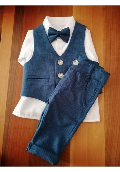 Concept Kids Papyonlu Yelekli Bej 4'lü Klasik Erkek Bebek Takım Özel Gün Kıyafeti Düğün Bebek Hediyesi Lacivert
