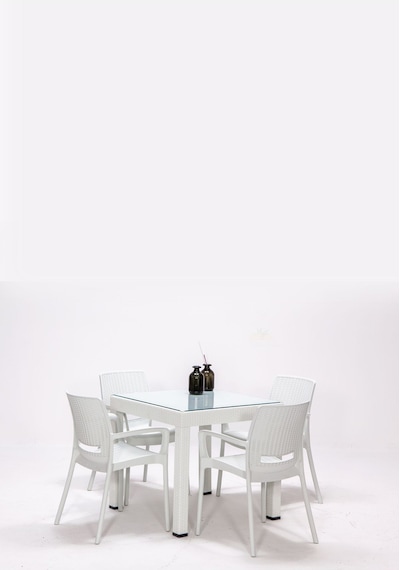 Rattan Small Lüx Camlı Beyaz Masa Takımı Bahçe&balkon 1 Camlı Masa + 4 Sandalye Beyaz