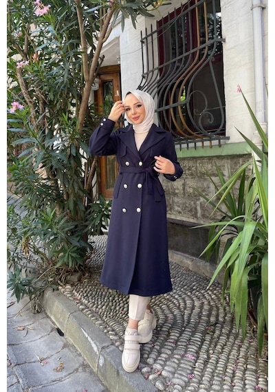 Kadın Kruvaze Polar Kaşe Kaban / M0108 - Lacivert Lacivert
