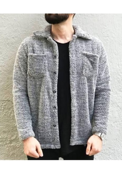 Unisex Gri Düğme Detaylı Cepli Peluş Ceket Gri