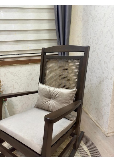 Asedia Veranda Ceviz Vizon Minderli Hasırlı Sallanan Sandalye Dinlenme Koltuğu