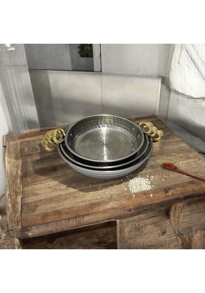 3 Lü Krom Sahan Tavası, Sarı Kulplu 18, 20, 22 Cm