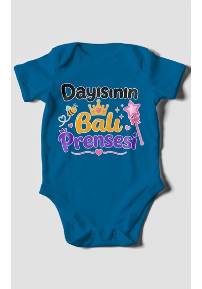 Morivokids Dayısının Ballı Prensesi Kısa Kollu Bebek Body %100 Pamuk Koyu Mavi