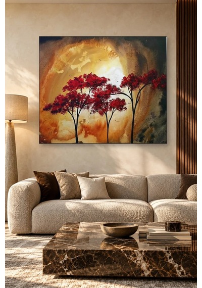 Fida Altın Işıkta Kırmızı Yapraklı Ağaçlar Canvas Tablo Çok Renkli