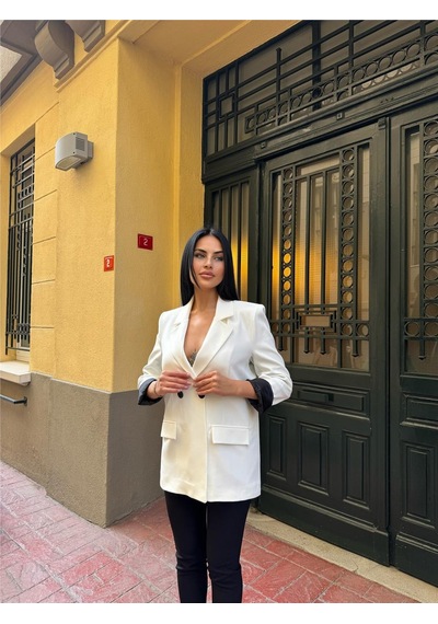 Beyaz Polyester Keten Düğmeli Ceket Beyaz