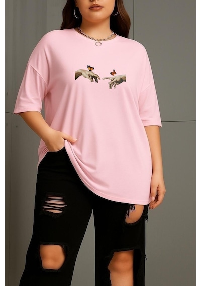 Büyük Beden Özgürlük Baskılı Unisex Tişört Pembe