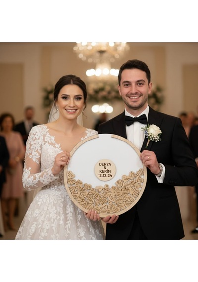 Düğün-nişan Beyaz Mdf 50 Cm Yuvarlak Misafir-hatıra Anı Kutusu-defteri + Şövale Ve Kalem Hediyeli Beyaz
