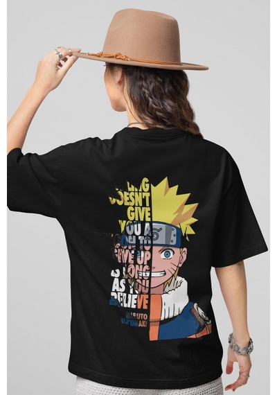 Naruto Uzumaki Sırt Baskılı Unisex Oversize Anime Tişört Siyah