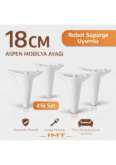 Aspen 18 Cm Beyaz 4'lü Set Koltuk Baza Dolap Tv Ünitesi Yatak Odası Konsol Ayağı Beyaz