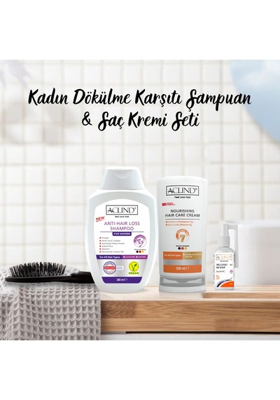 Aclind Kadın Saç Dökülme Karşıtı Şampuan 300 ML + Saç Kremi 250 ML + Serum 50 ML