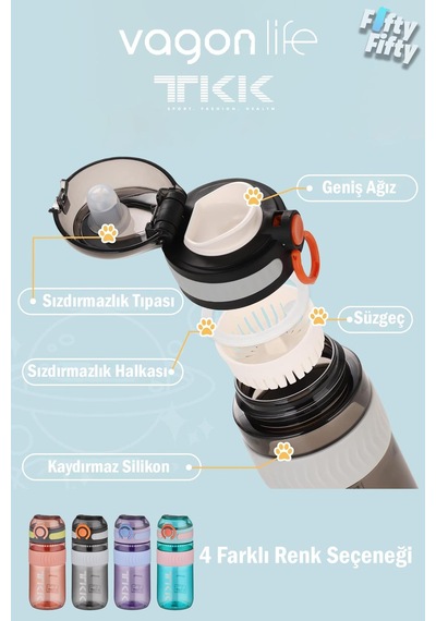 Tkk 550 Ml Rahat İçim U Ağızlı Bpa İçermeyen Taşıma Kulplu Tritan Su Matarası Fftkk1016-550ml Kahverengi
