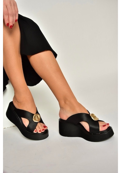 Fox Shoes Y973965404 Siyah Kumaş Dolgu Tabanlı Kadın Terlik Siyah