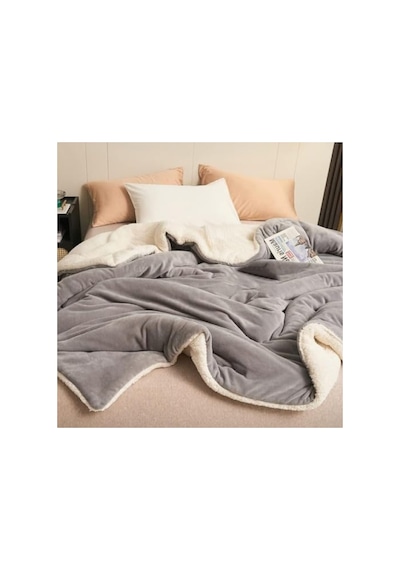 Çift Taraflı Sherpa Polar Battaniye 220 X 240 Cm, Açık Gri 36 Derece Üstü