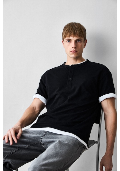 Defacto Boxy Fit Henley Yaka Kısa Kollu Tişört H8421ax26aubk81 Siyah-bk81