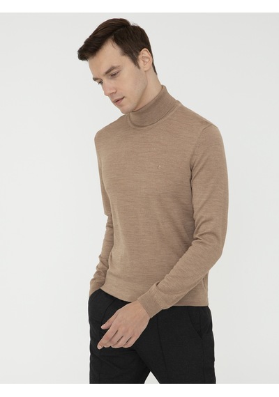 Cacharel Camel Slim Fit Balıkçı Yaka Basic Triko Kazak Kahverengi