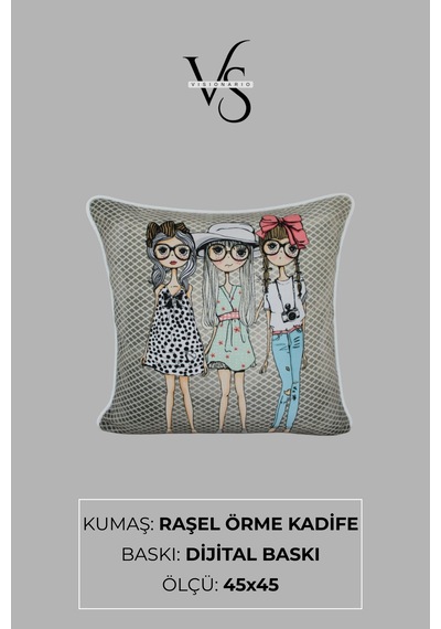Kırlent Kılıfı İnsan Figürlü Desen 45x45 Raşel Örme Kadife Çift Taraflı Dijital Baskı Beyaz Biyeli Çok Renkli