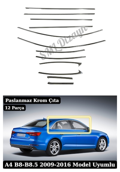Audi A4 B8-b8.5 2009-2016 Uyumlu 12 Parça Paslanmaz Krom Cam Çıtası - Tam Tur Set