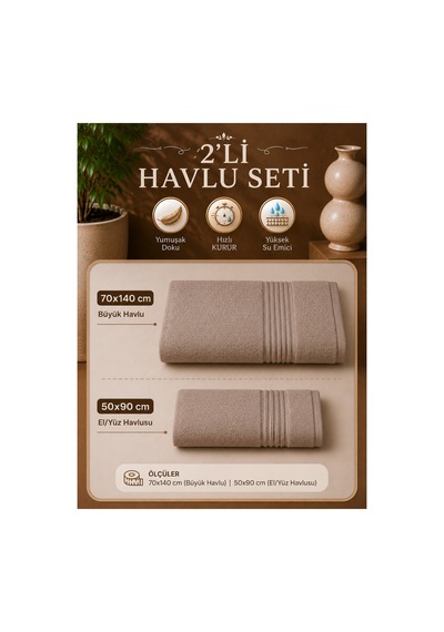 2 Li Banyo Havlu Seti 70x140 + 50x90 Yumuşak Dokulu Yüksek Emici Banyo Ve El Yüz Havlusu Takımı Taş