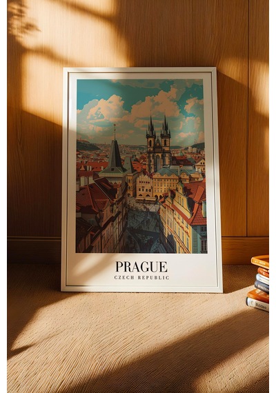 Prague Czech Republic Vintage Seyahat Posteri Çerçeveli Tablo - Premium Prag Elit Duvar Dekoru Beyaz