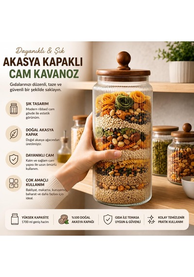 1700 Ml Akasya Kapaklı Cam Kavanoz Saklama Kabı Hava Geçirmez Büyük Boy Mutfak Kavanozu Diğer