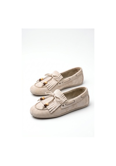 Giamgia Store Püsküllü Boncuk Detaylı Krem Süet Makosen Loafer Ayakkabı-2366