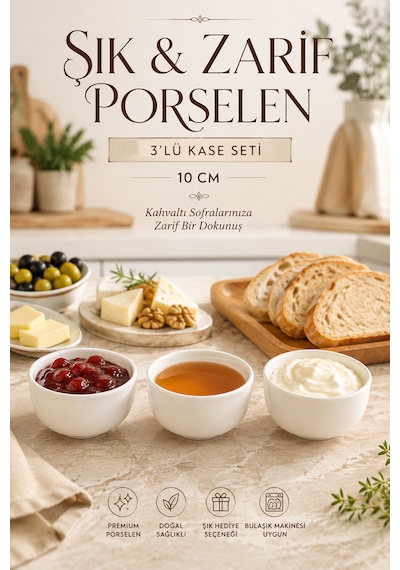 Porsima Snap 3'lü Porselen Çerezlik Ve Kahvaltılık Kase Seti 10 Cm Beyaz Sosluk & İkramlık Kase Cam