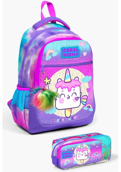 Coral High Kids Renkli Batik Unicorn Dondurma Desenli 2'li Okul Çanta Seti Set0223480