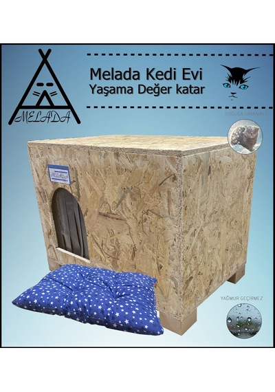 Melada Kedi Evi Dış Ortam Uygun Ahşap Kedi Evi Osb Minderli 61x41x36 Cm