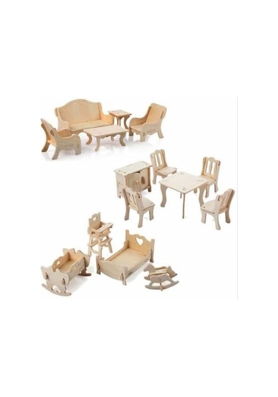 Büyük Boy Ahşap Maket Oyun Evi + 15 Parça Ahşap Mobilya