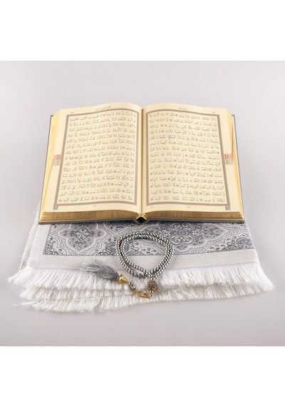 Kuran + Seccade + Tesbih Hediye Seti Orta Boy, Termo Deri, Desenli Kutu, Gri