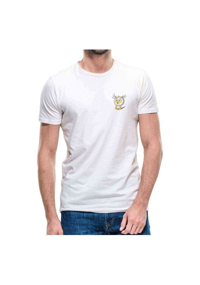 Heycanlı Baykuş Göğüs Baskılı Beyaz Erkek Tshirt