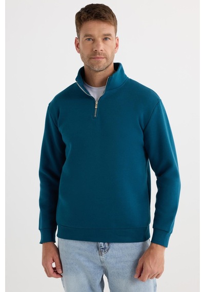 Tudors Unisex Relax Fit Rahat Kesim Pamuklu İçi Polarlı Yarım Fermuarlı İndigo Dik Yaka Sweatshirt-31449 Indigo