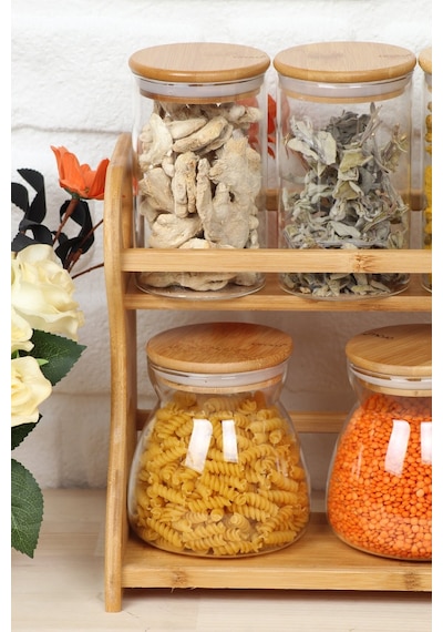 Bambu Standlı Cam Baharat Takımı Bambu Kapak 7'li Fma05078 Ahşap