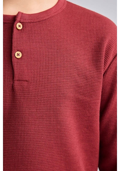 Defacto Regular Fit Henley Yaka Waffle Üst Ekose Alt 2li Pijama Takımı Erkek Çocuk I1444a826aubr281 Bordo-br281