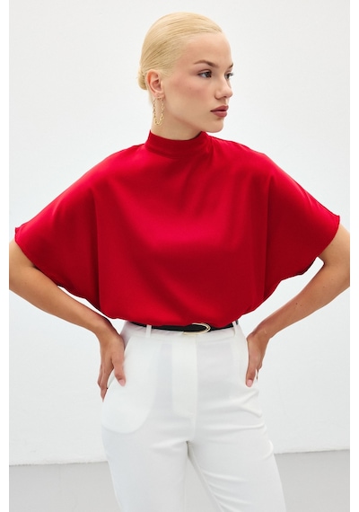 Sateen Yarasa Kol Salaş Bluz - Kırmızı-136188 Kırmızı
