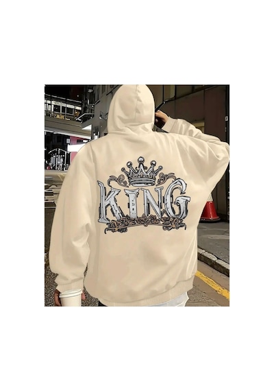 Herkesemoda Arka King Baskı Detaylı Kapüşonlu Sweatshırt Bej