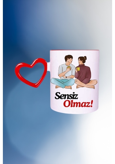 Sensiz Olmaz Baskılı Kalpli Kırmızı Kupa Bardak Çay Kahve Fincanı Beyaz