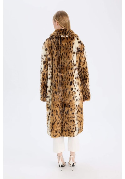 DeFacto Relax Fit Leopar Desenli Ceket Yaka Cepli Uzun Suni Kürk Kaban D4005AX24WNBN561 Kahve