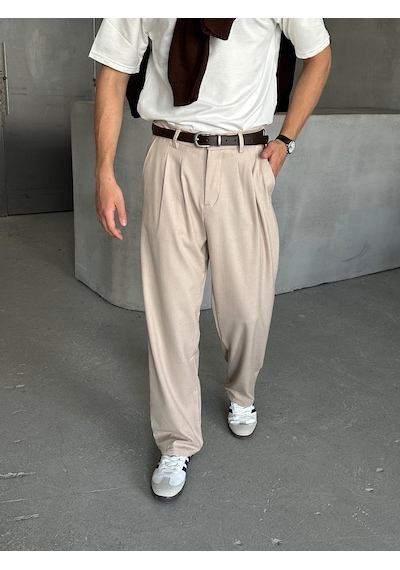 Erkek Pileli Baggy Kalıp Kumaş Pantolon Krem