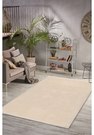 Comfort Düz Saçaklı Peluş Halı Bej Bej Düz Saçak