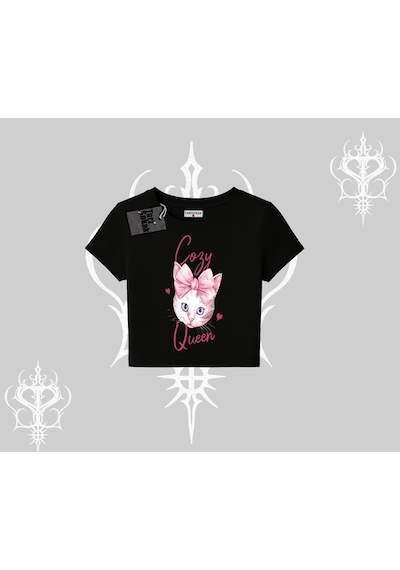 Tarzsokak Cozy Queen Kedi Baskılı Babby Tee Tshirt Siyah